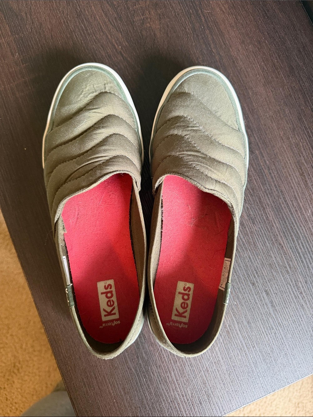 Keds Olive Quilted Slip-On Flats with Pink Insole - Picture 2 of 6